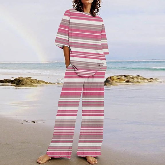 Rollbacks Shirts for Women Women's Summer Suit Casual Short Sleeve Round Neck Top / Loose Straight with Pocket Pants Set Ndbuld Multicolor XL