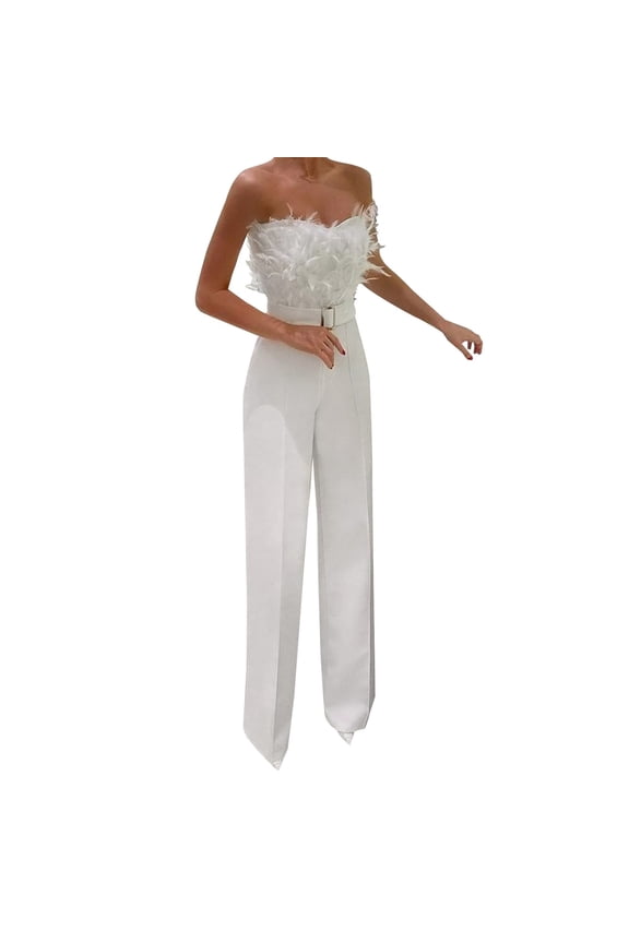 Women's Jumpsuit Feather Trim Off Shoulder Wide Leg Long Party Romper Elegant Evening Jumpsuits with Belt White 10