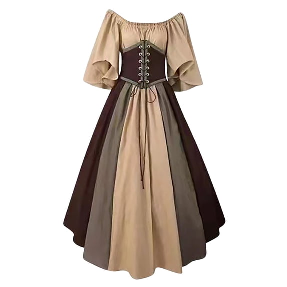 Rollbacks & More Viikei Contrast Panel Round Neck Dress-Bold Color Blocking,Women's Fashion Middle Ages Vintage Color Matching Short Sleeve Off Shoulder Dress