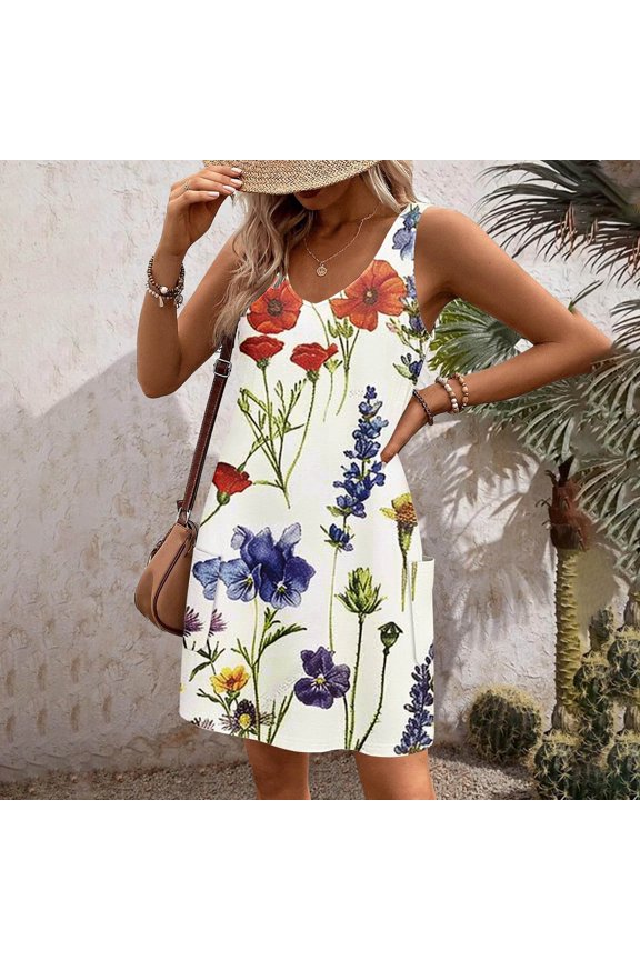 Rollbacks & More Viikei Stylish Off-Shoulder Tiered Sleeveless Dress,Women's Casual with Pockets Summer Floral Print Dress V-Neck Mini Dresses White S