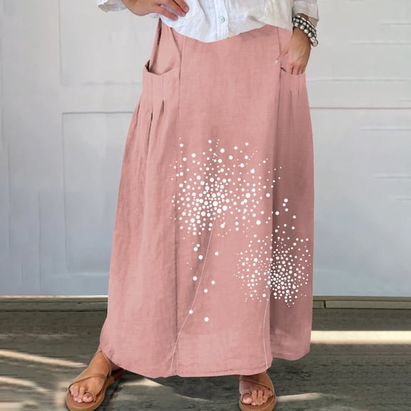 Maxi Dresses Viikei Womens Skirts Maxi,Women's Printed Elastic Waistband Pleated Pocket Skirt With Mid Calf Skirt Pink M