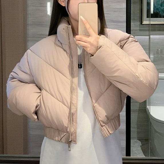 Viikei Women's Coat Winter Puffer Jacket,Ladies New Cotton Coat Short Style Stand Collar Down Cotton Coat Women Thick Cotton Coat Long Sleeve Cotton Coat Khaki XXL