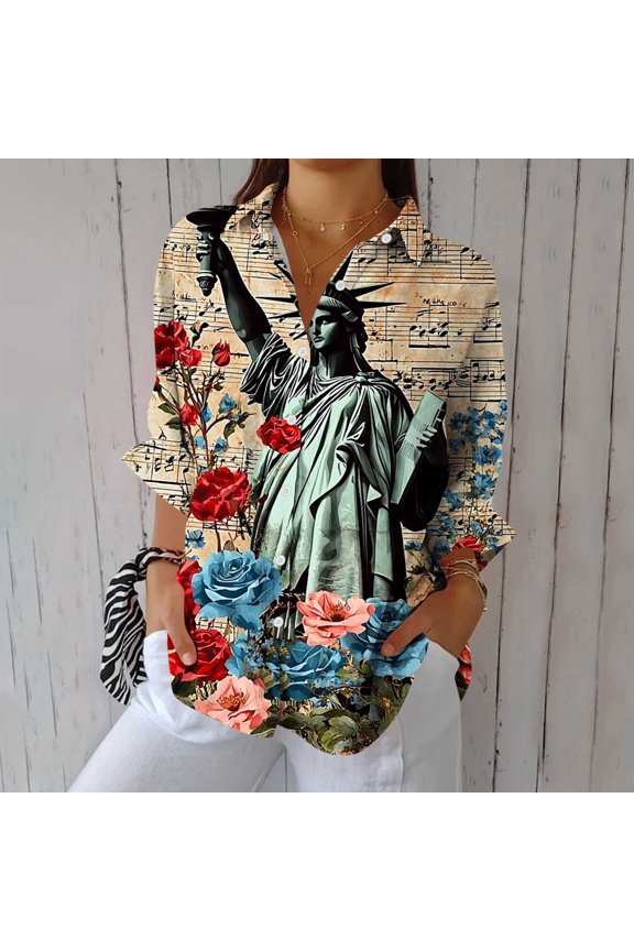Rollbacks & More Viikei Womens Shirts under $5,Women's Casual Printed Long Sleeve Comfortable Button Lapel Blouse Fashionable and Comfortable Tops Khaki S
