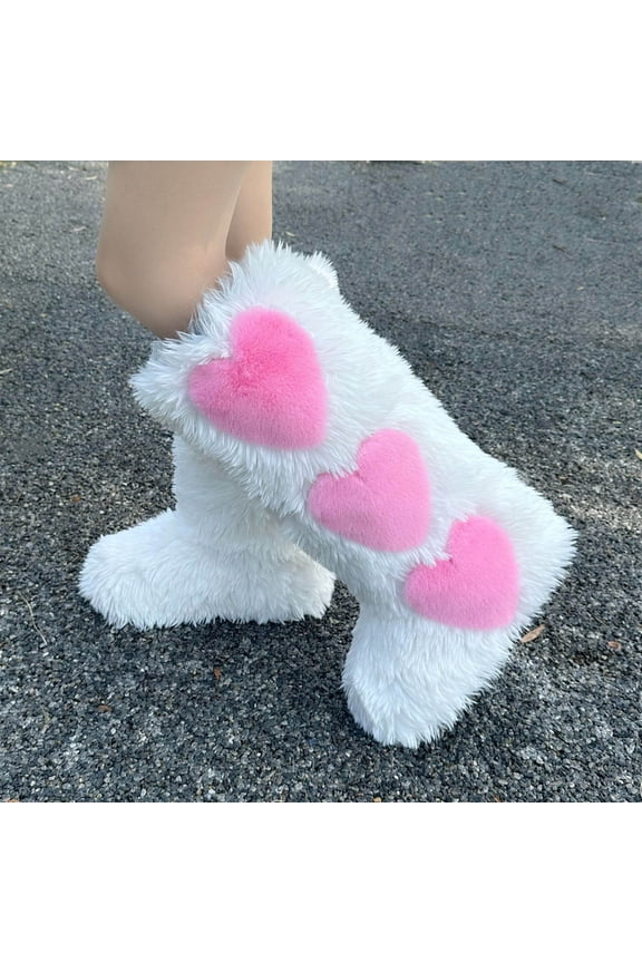Women's Elastic Chelsea Boots Women Fashionable And Casual Winter High Top Warm Flat Bottomed Long Tube Furry Boots With Thick Velvet And Heart-Shaped Snow Boots For Women White 43