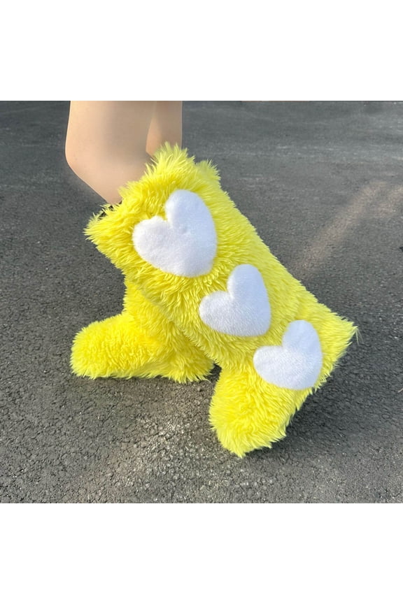 Women's Elastic Chelsea Boots Women Fashionable And Casual Winter High Top Warm Flat Bottomed Long Tube Furry Boots With Thick Velvet And Heart-Shaped Snow Boots For Women Yellow 40