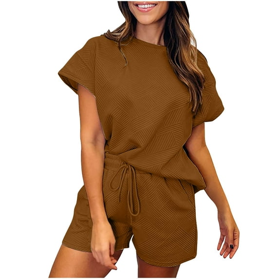Rollbacks Women's Short Sleeve Tops Womens Lounge Sets Short Sleeve with Shorts Pullover Jogger Outfit Summer Casual Tracksuits Ndbuld Coffee L