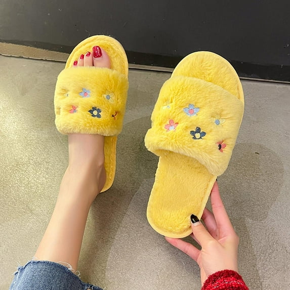 Rollbacks Womens Slippers Soft Plush Warm House Shoes Women's Fashion Casual Home Indoor And Outdoor Solid Color Flower Slippers Plus Velvet Warm Slippers Yellow 38