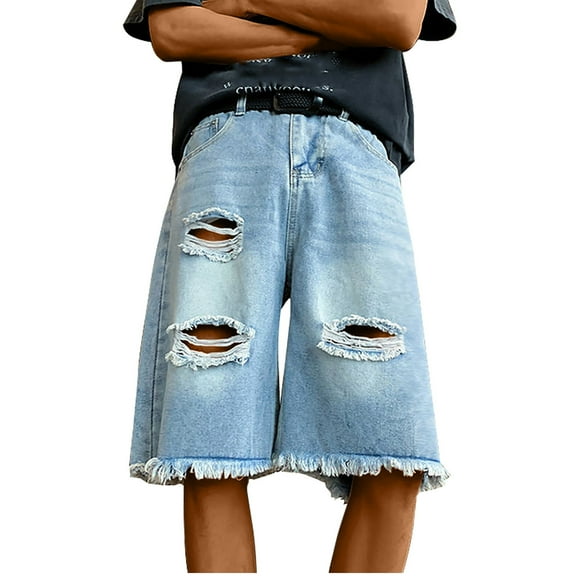 Fashion YLSDY Mens Vintage Blue Denim Shorts Distressed Ripped Wide Leg Loose Jeans Shorts Summer Casual Baggy Shorts Blue XXXL