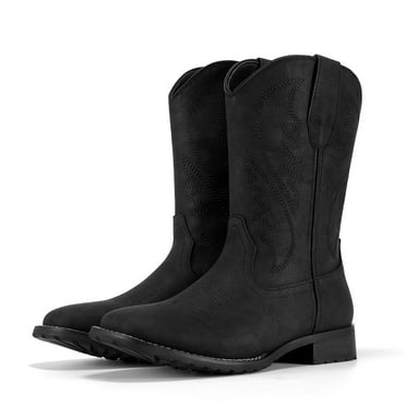 Rollda Cowboy Boots for Men Western Boots Men's Square Toe Chunky Heel Mid-Calf Boots Classic Embroidered Pull On Boots