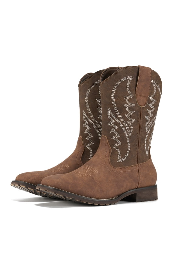 Men's Cowboy Boots, Western Mid-Calf Chunky Heel Square Toe, Dark Brown, Size 7.5