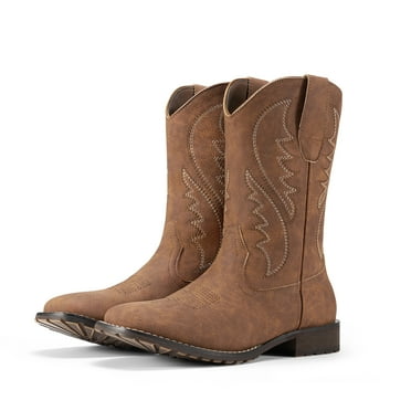 Rollda Men's Cowboy Boots Mid-Calf, Chunky Heel Square Toe, Brown, Size 10