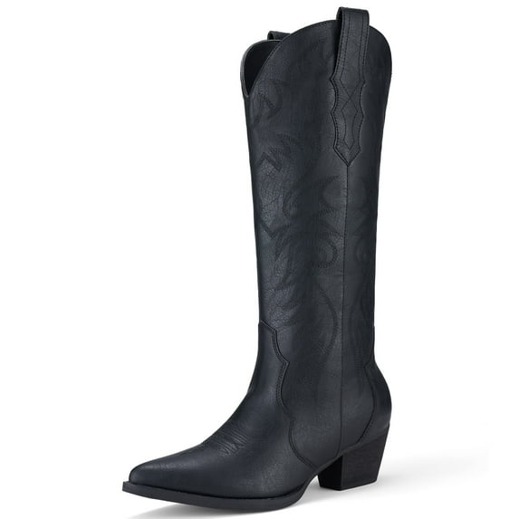 Rollda Cowboy Boots for Women Embroidered Cowgirl Boots Knee-High Western Boots with Chunky Heel Black Size 7