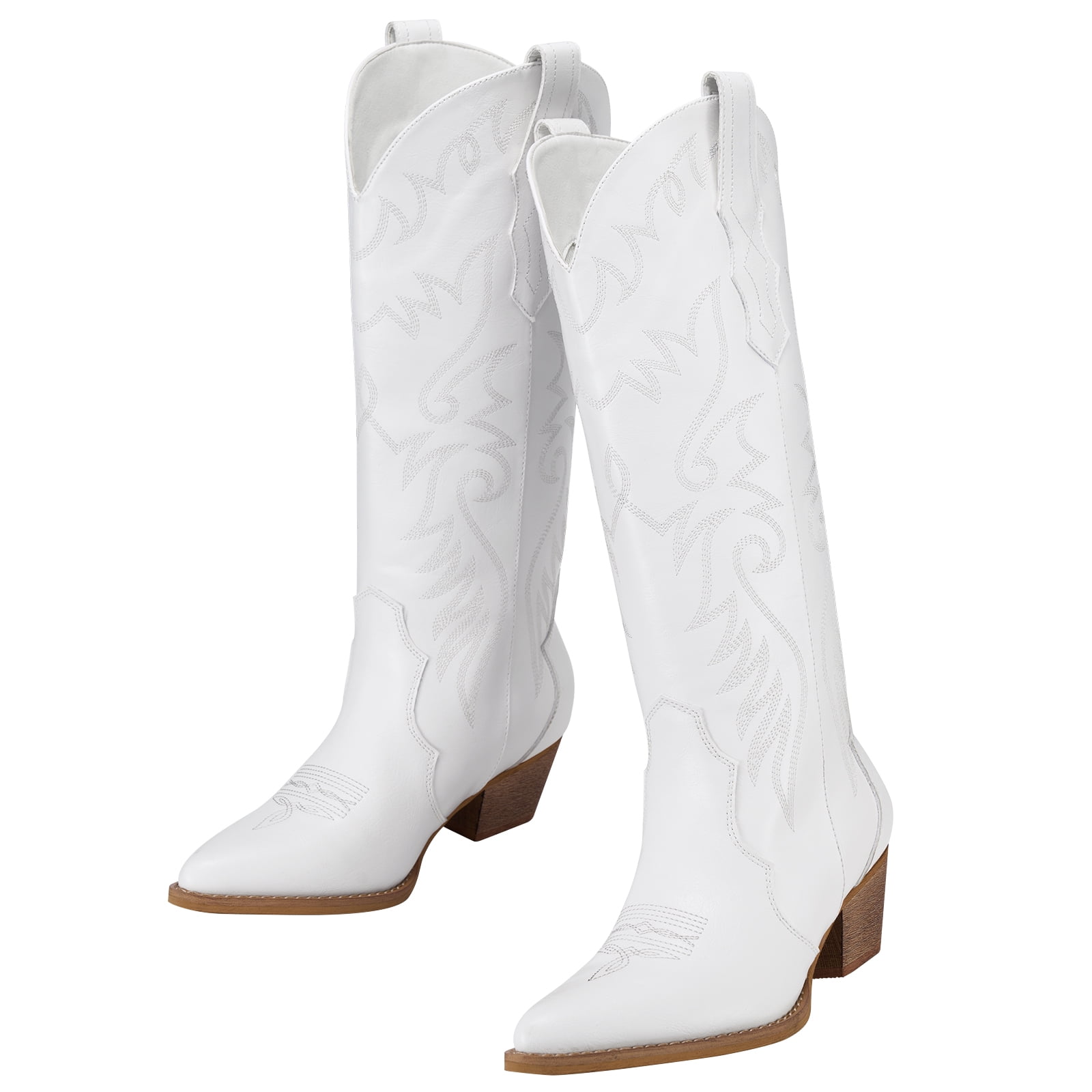Rollda Cowboy Boots for Women Embroidered White Cowgirl Boots KneeHigh Western Boots with