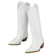 Rollda Cowboy Boots for Women Embroidered White Cowgirl Boots Knee-High Western Boots with Chunky Heel White Size 9.5