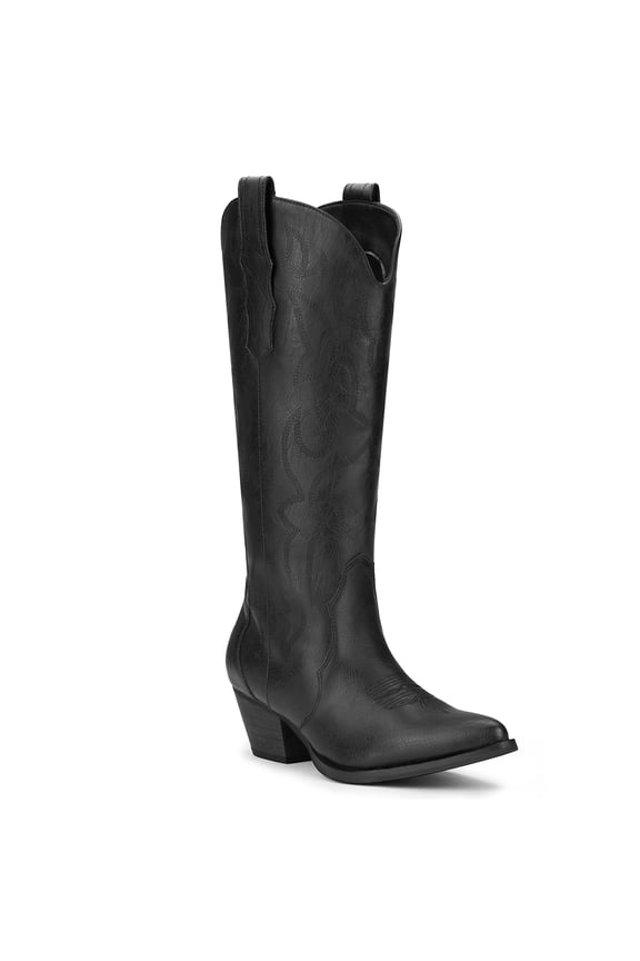 Women's Knee High Cowboy Boots, Embroidered Pointed Toe Tall Western Cowgirl Boots, Black, Size 8.5