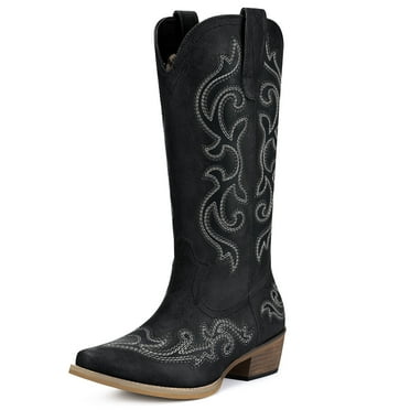 Rollda Women's Western Cowboy Boots, Pointed Toe, Metallic Black, Size 8.5