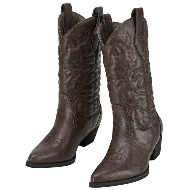 Rollda Women's Western Cowboy Boots Pointed Toe Mid-Calf Cowgirl Boots Ladies Embroidered Fashion Boots with Chunky Heel