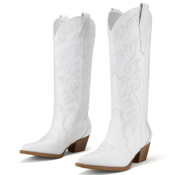 Rollda Womens Cowboy Boots Knee-High, Chunky Heel Western Cowgirl Boots for Women, White, Size 9