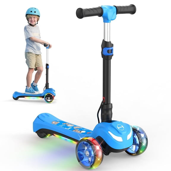 Rolldustry Electric Scooter for Kids 3-6 Years with Stickers, Foldable 3-Wheels Kid Escooter, LED-lit Wheels and Pedals, Blue