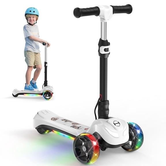 Rolldustry Electric Scooter for Kids 3-6 Years with Stickers, Foldable 3-Wheels Kid Escooter, LED-lit Wheels and Pedals, White