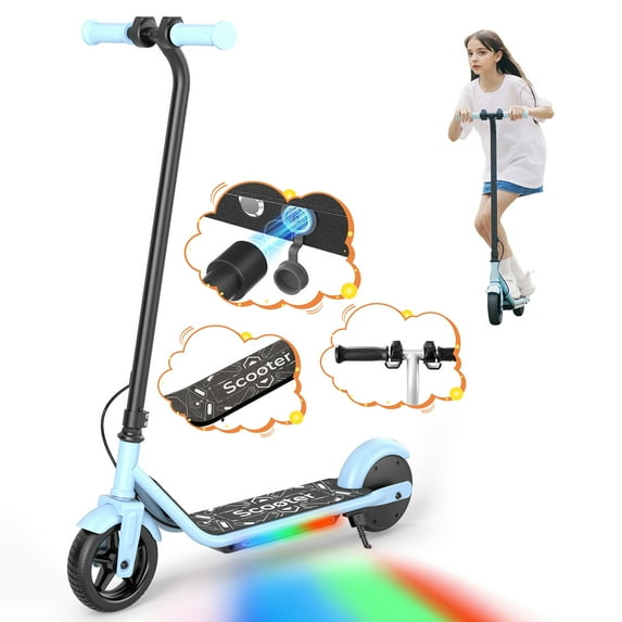 Rolldustry R2 150W Kid Electric Scooter for Age 5 and up, Max 10Mph, Magnetic Charging, 3-Color Pedal Lights, Double Brake, Anti-Slip Pedal, Blue