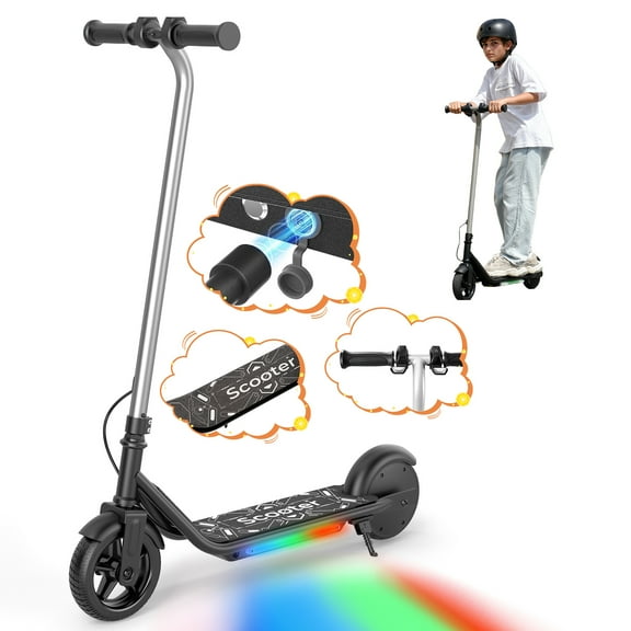 Rolldustry R2 150W Kid Electric Scooter for Age 5 and up, Max 10Mph, Magnetic Charging, 3-Color Pedal Lights, Double Brake, Anti-Slip Pedal, Silver