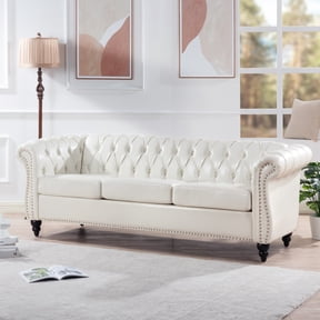 Rolled Arm Chesterfield Sofa, PU Leather 3-Seater Couch, Classic Living Room Furniture, White