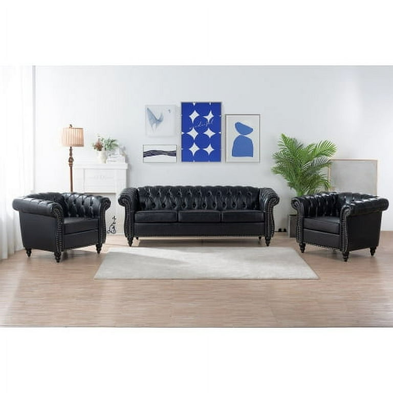 Chesterfield Sofa Set, PU Leather, Black, 3 Piece Wood Furniture
