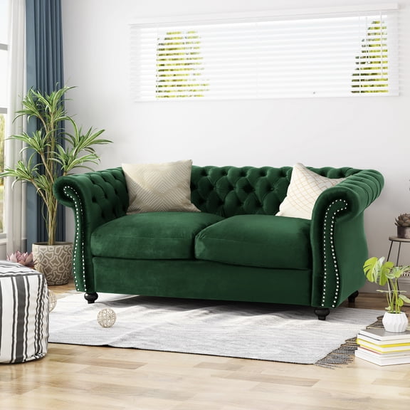 Rolled Arm Design, Diamond Pattern / 2 - Seat Emerald Velvet Loveseat