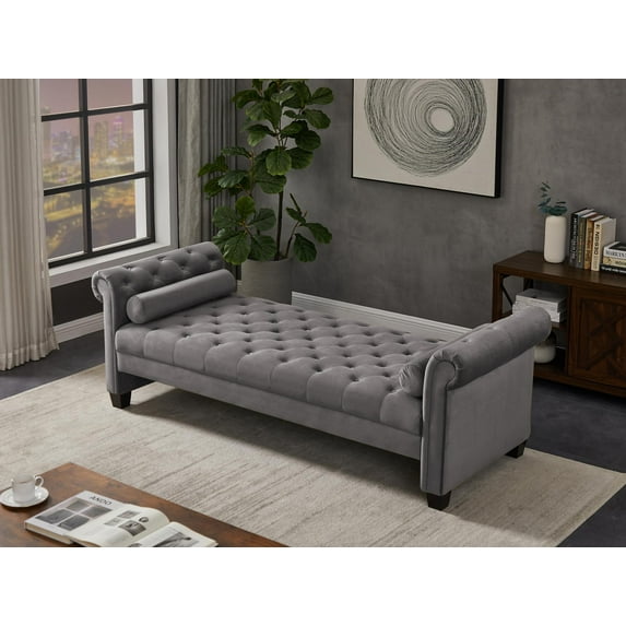 Rolled Arm Sofa Bench with Cylindrical Pillows, Rectangular End of Bed Bench Ottoman with Button-Tufted, Entryway Window Padded Seating Bench, Dark Grey