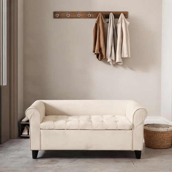 Rolled Arm Tufted Storage Ottoman Bench, Beige Finish Fabric, Lift-Top Storage for Entryway Bedroom