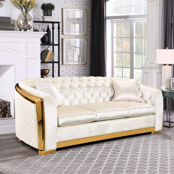 Rolled Arms 3-Seat Velvet Chesterfield with Tufted Design / Fit for Family Living Area