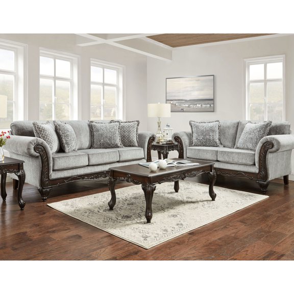 Rolled Arms Sofa Set | Espresso Wood Tone | Primary Living Room