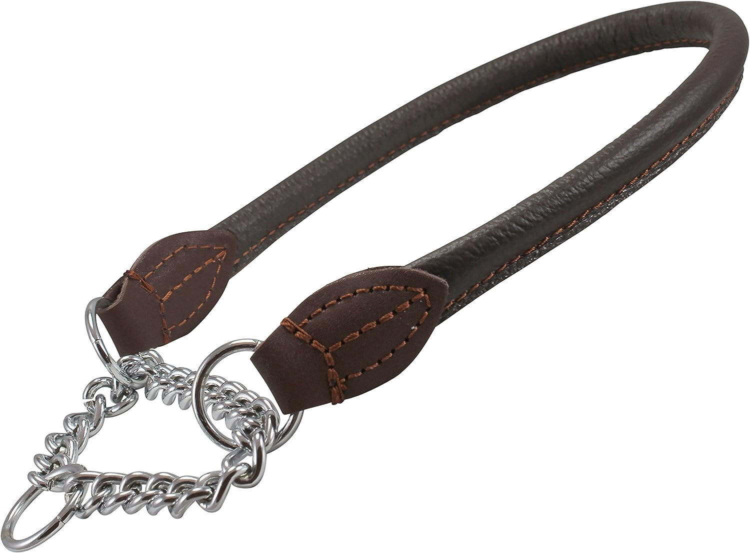 Rolled Genuine Leather Martingale Dog Collar Choker Brown 7 Sizes (#6 - Neck Circumf.15.5"-17.5")