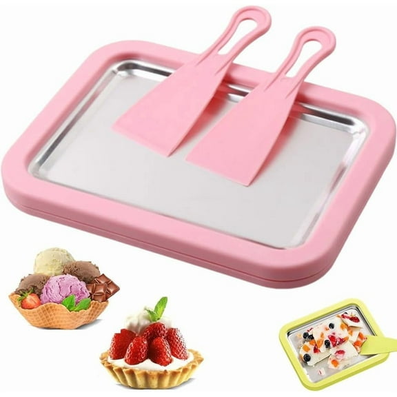 Rolled Ice Cream Maker Kit, At-Home Instant Freeze Plate with 2 Scrapers, DIY Homemade Ice Cream tray, Yogurt, Sorbet, Fun Family Activity for Kids, Food-Grade Stainless Steel(Pink)