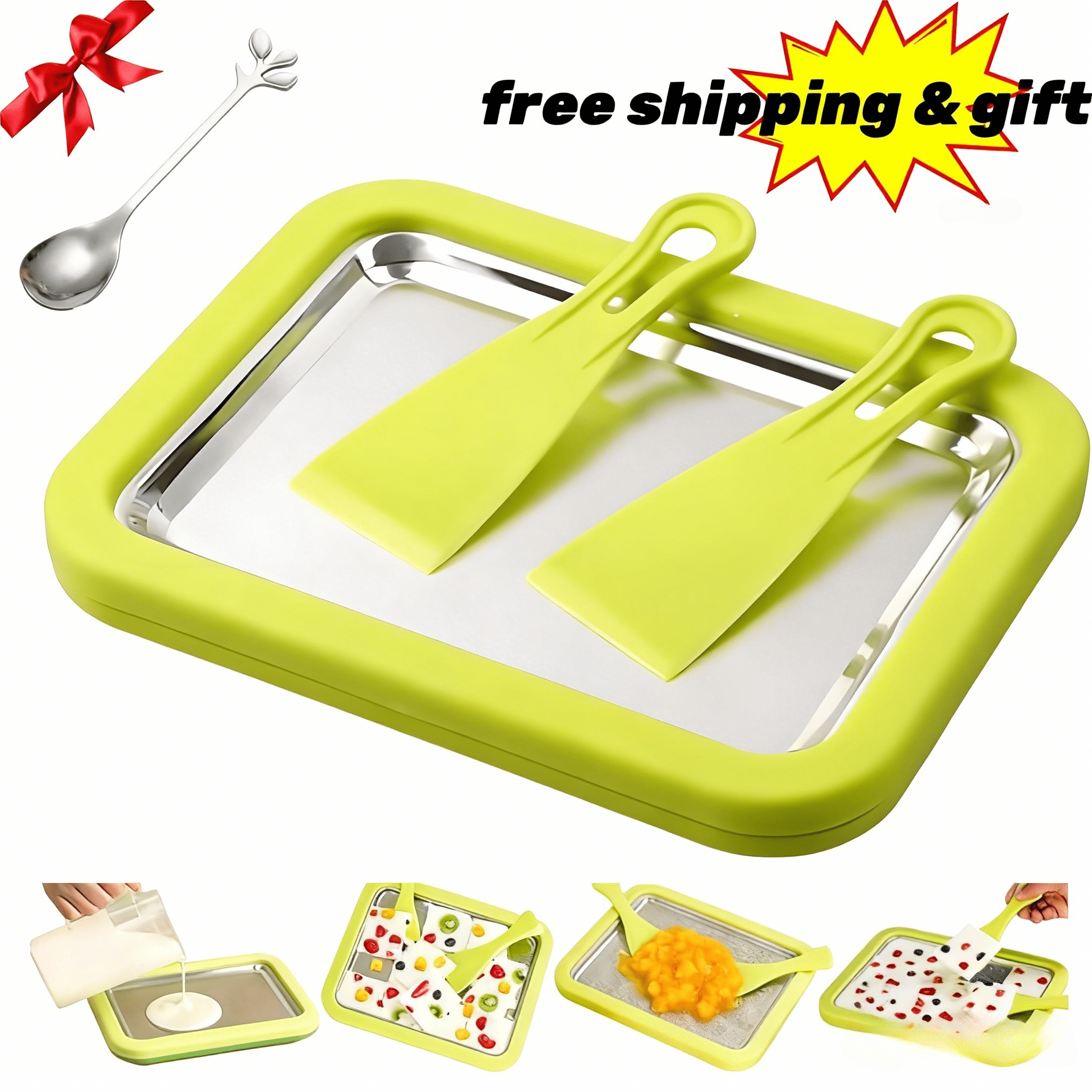 Kit Ice Cream Maker Fai-da-te: Piatto In Acciaio Con 2 Spatole, Crea Gelato Rollato In Casa Senza Elettricità