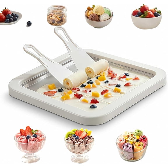 Rolled Ice Cream Maker Kit DIY Ice Cream Roll Tray with 2 Scrapers No Electricity Stainless Steel Freezing Plate for Frozen Yogurt Sorbet White