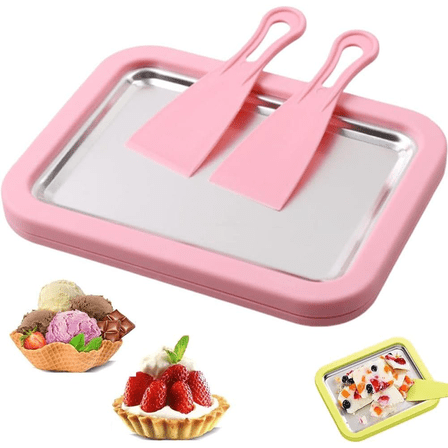 Rolled Ice Cream Maker Kit, Frozen Yoghurt Plate Mini Freezer Kit with 2 Scrapers, DIY Homemade Ice Cream tray, Yogurt, Sorbet, Fun Family Activity for Kids, Food-Grade Stainless Steel