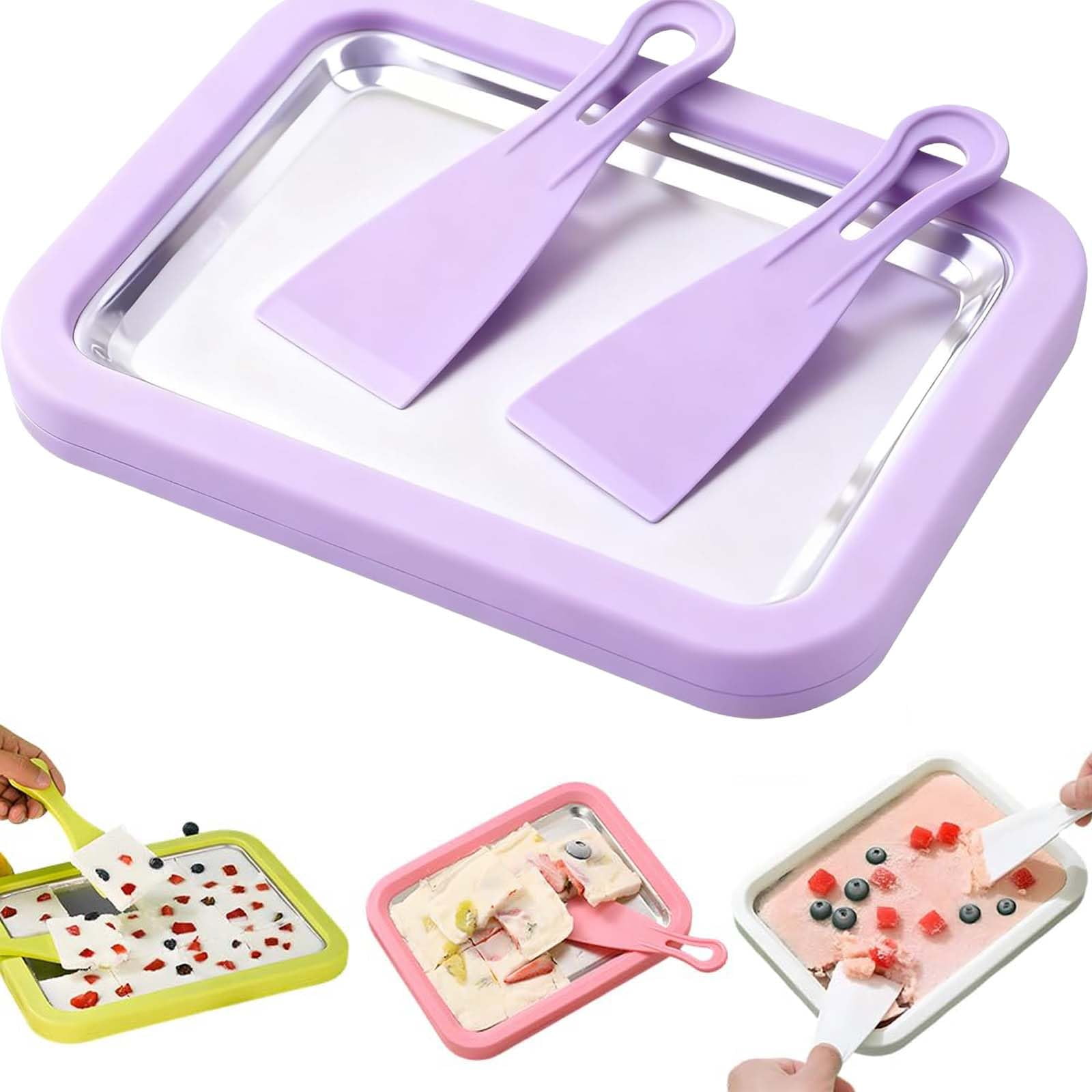 Rolled Ice Cream Maker Kit – Instant DIY Ice Cream Tray with 2 Scrapers, Stainless Steel Homemade Rolling Ice Cream Pan, No Electricity Needed, Family Fun Gift