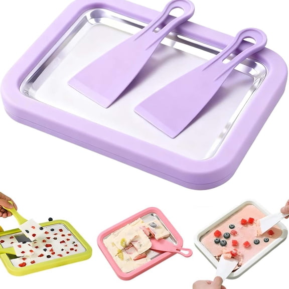 Rolled Ice Cream Maker Kit – Instant DIY Ice Cream Tray with 2 Scrapers, Stainless Steel Homemade Rolling Ice Cream Pan, No Electricity Needed, Family Fun Gift