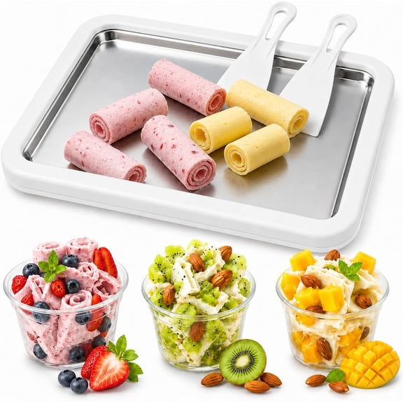 Rolled Ice Cream Maker Kit, No-Electric Freeze Plate with 2 Scrapers, DIY Homemade Dessert Set