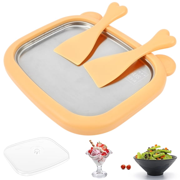 Rolled Ice Cream Maker Kit, Portable Stainless Steel Instant Freeze Pan with 2 Spatulas & Lid, DIY Homemade Ice Cream Tray for Gelato, Frozen Yogurt, Dessert – Fun Family Activity (Orange)