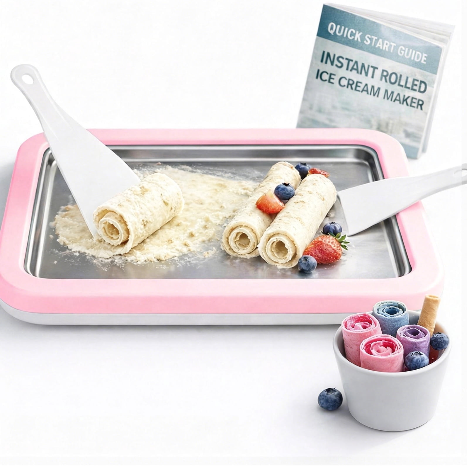 Rolled Ice Cream Maker with Quick Start Guide - DIY Instant Ice Cream Tray Kit, 2 Scrapers for Manual Homemade Ice Cream Rolls, Frozen Yogurt, Sorbets & Slushies, No Electricity Needed（pink）