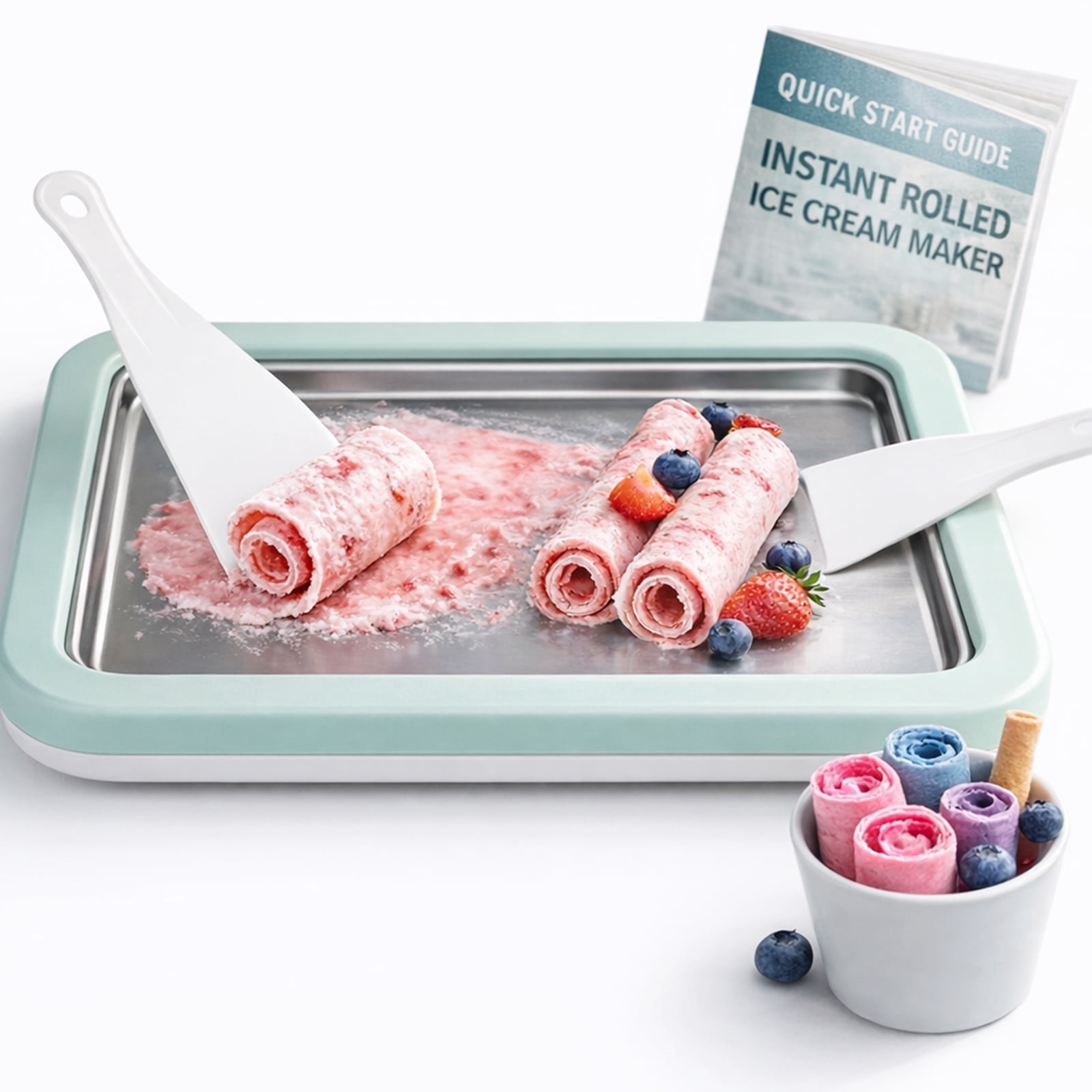Rolled Ice Cream Maker with Quick Start Guide - DIY Instant Ice Cream Tray Kit, 2 Scrapers for Manual Homemade Ice Cream Rolls, Frozen Yogurt, Sorbets & Slushies, No Electricity Needed（green）