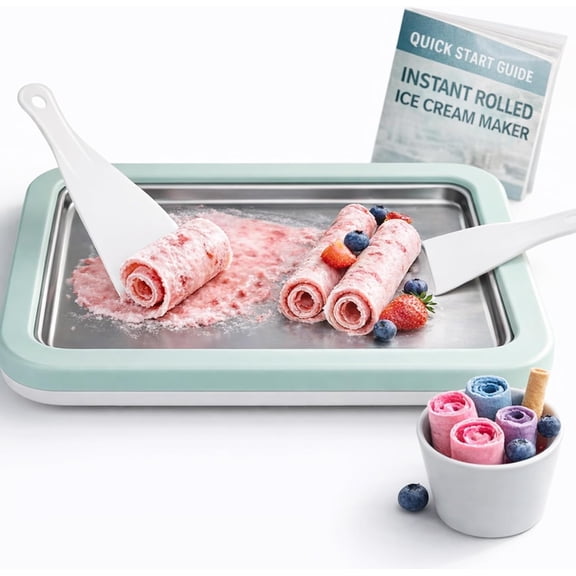 Rolled Ice Cream Maker with Quick Start Guide - DIY Instant Tray Kit, Includes 2 Scrapers for Manual Homemade Rolls, Frozen Yogurt, Sorbets & Slushies, No Electricity Neededgreen
