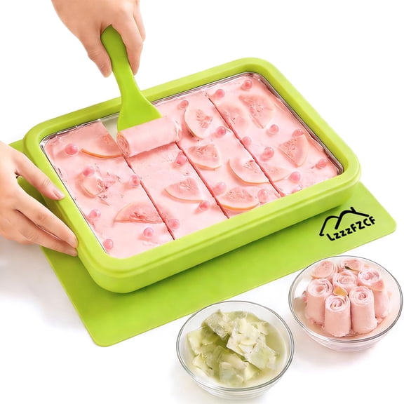 Rolled Ice Cream Maker with Stainless Steel Plate and Lid, DIY Dessert Pan and Spatulas