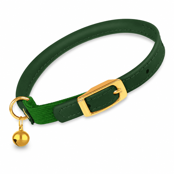 Rolled Leather Cat Collar with Bell, Adjustable Reflective Kitten Collar with Safety Elastic Strap, Soft Round Pet Collar for Cats, Green, Fits 811 Neck