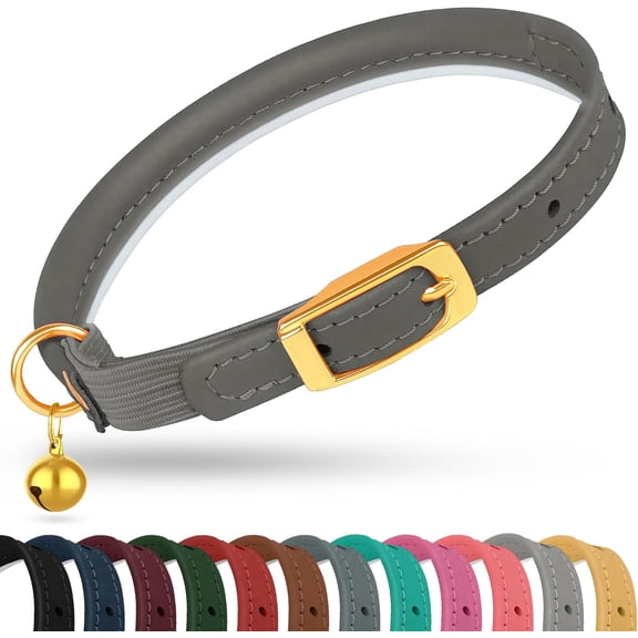 Rolled Leather Cat Collar with Bell - Reflective Kitten Collar with Safety Elastic Strap - Adjustable Small Pet Collars for Boy Girl Cats