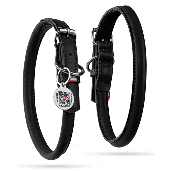 Rolled Leather Dog Collar | Soft Padded & Adjustable Round Rope Puppy Collars for Small, Medium and Large Dogs | Male and Female Dog Collar - Black
