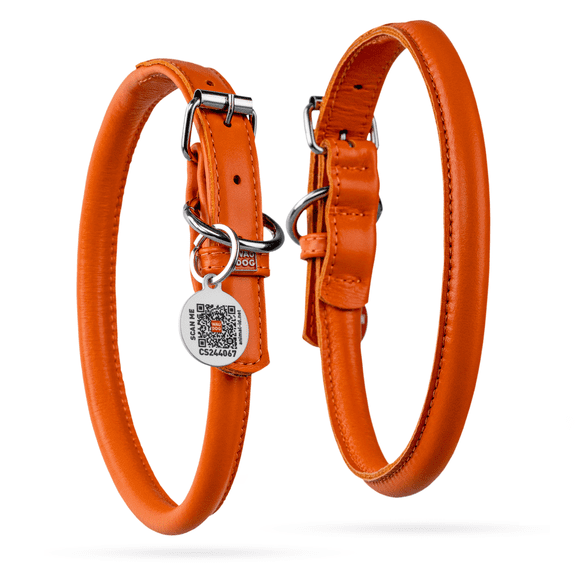 Rolled Leather Dog Collar | Soft Padded & Adjustable Round Rope Puppy Collars for Small, Medium and Large Dogs | Male and Female Dog Collar - Orange